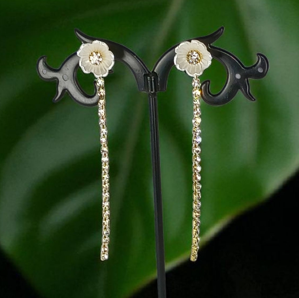 White Flower Rhinestone Linear Drop Earrings Rhinestone Tassel Evening Glam Luxe